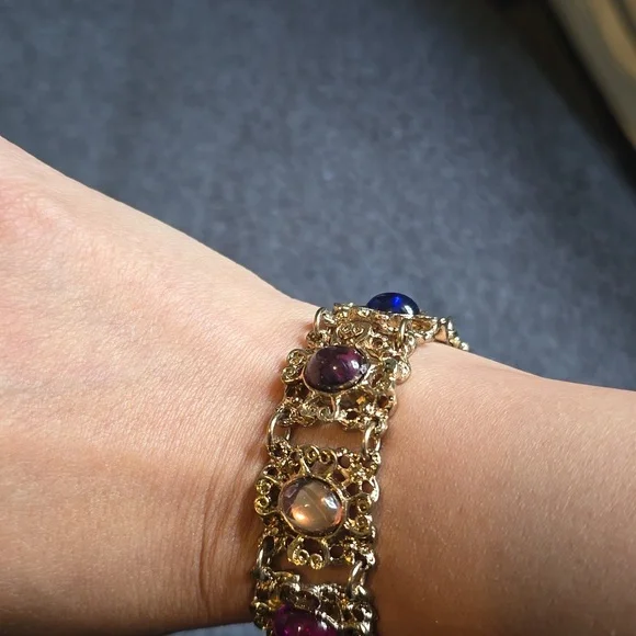 Vintage Gold Tone Ornate Bracelet with Multicolor Stones VGUC - Picture 8 of 14